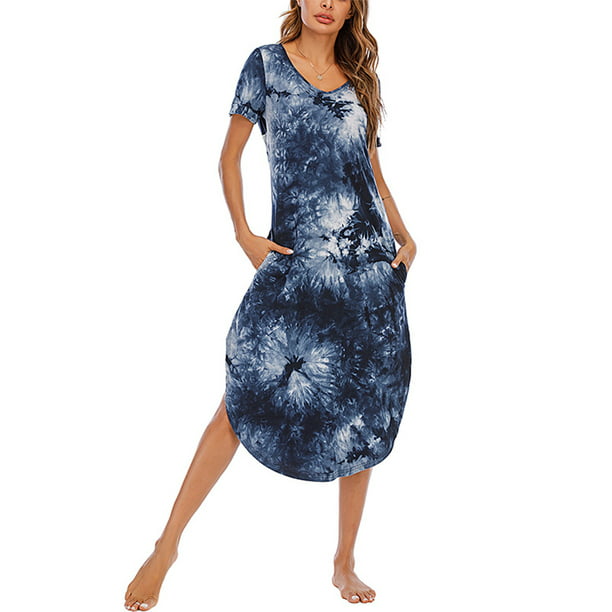 Split Maxi Tshirt Dress for Women Tie-dye Beach Dress V-Neck Short Sleeve Nightgown Loungewear with Pocket